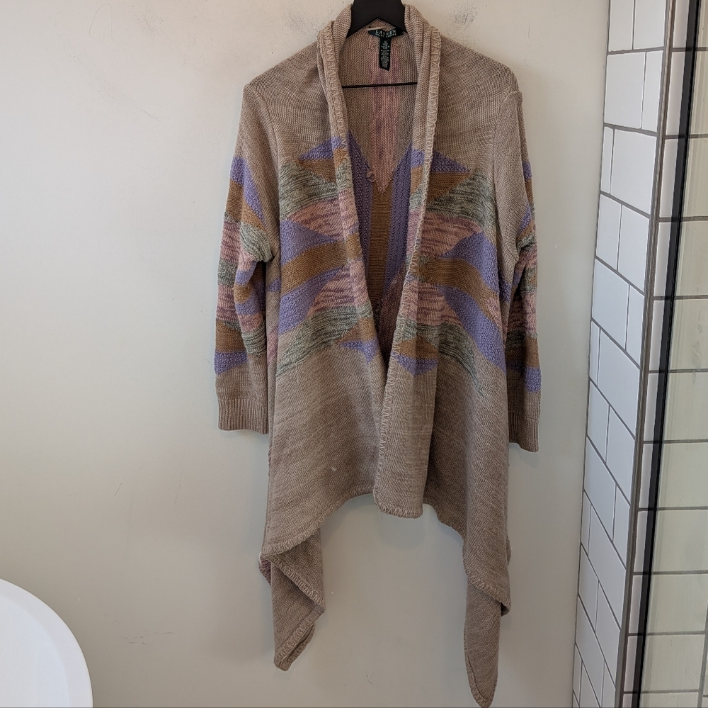 Lauren Ralph Lauren Women's Tribal Aztec Southwest Drape Cotton Wool Cardigan 1X